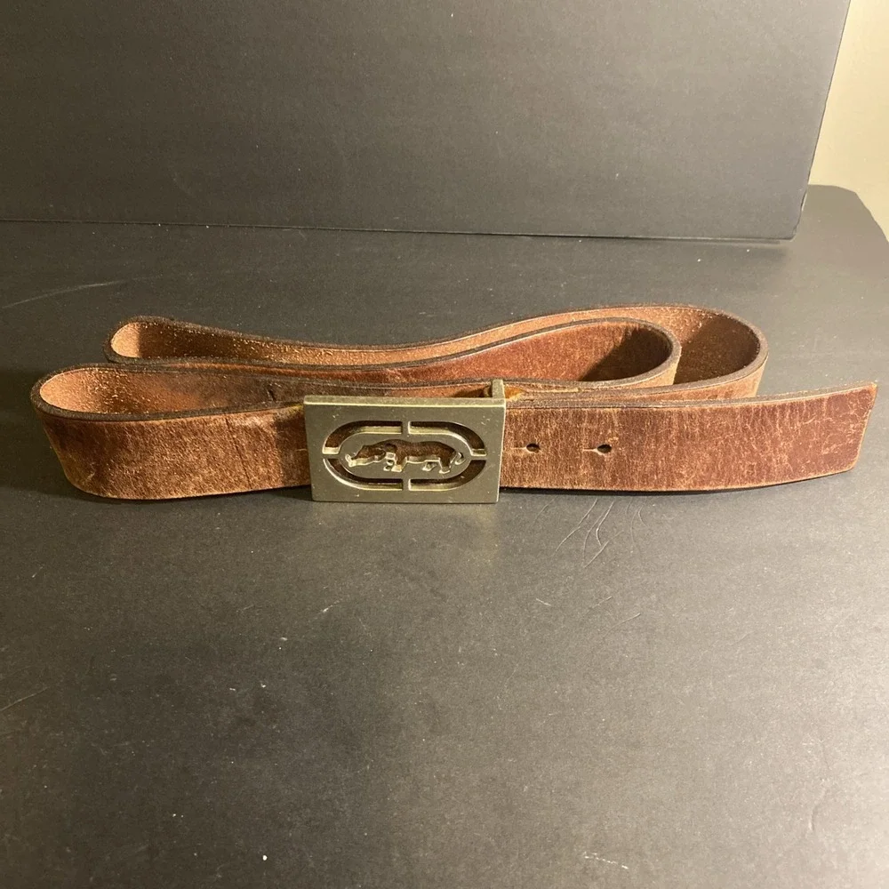 VTG Eckō Unltd. Belt Classic Big Rhino Logo Buckle Leather Brown Men's 40